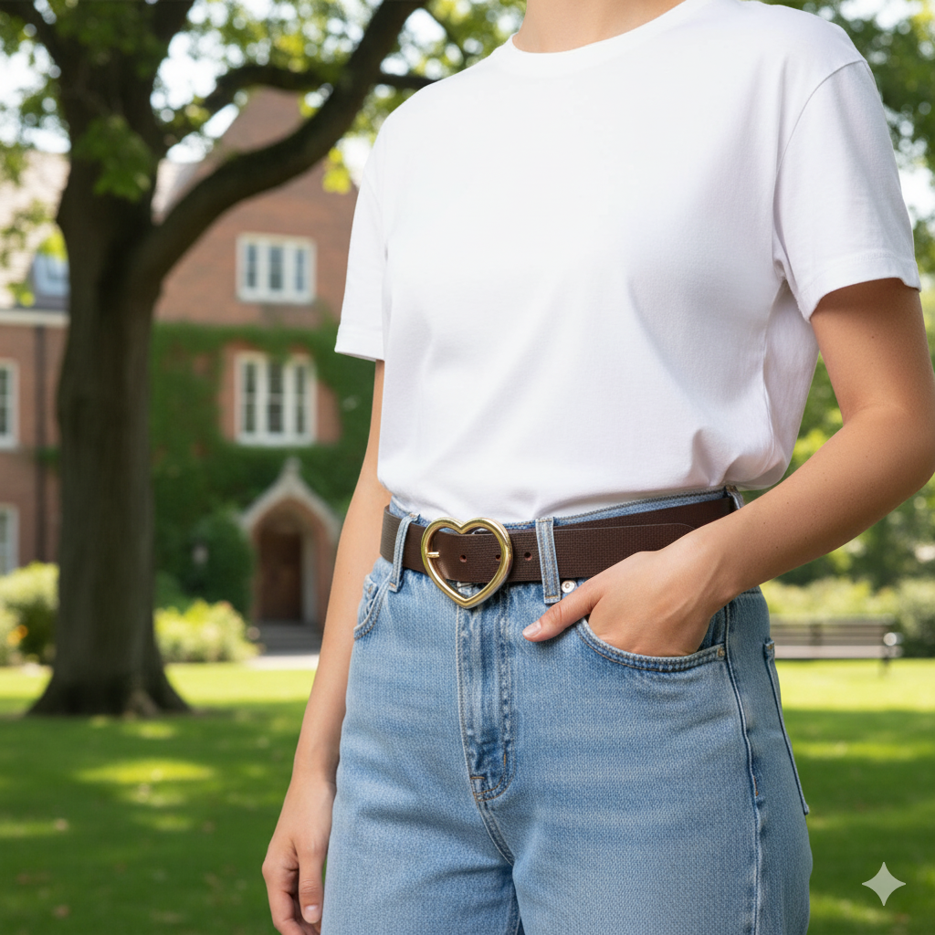 Amour Espresso | Gold Heart Buckle Leather Belt
