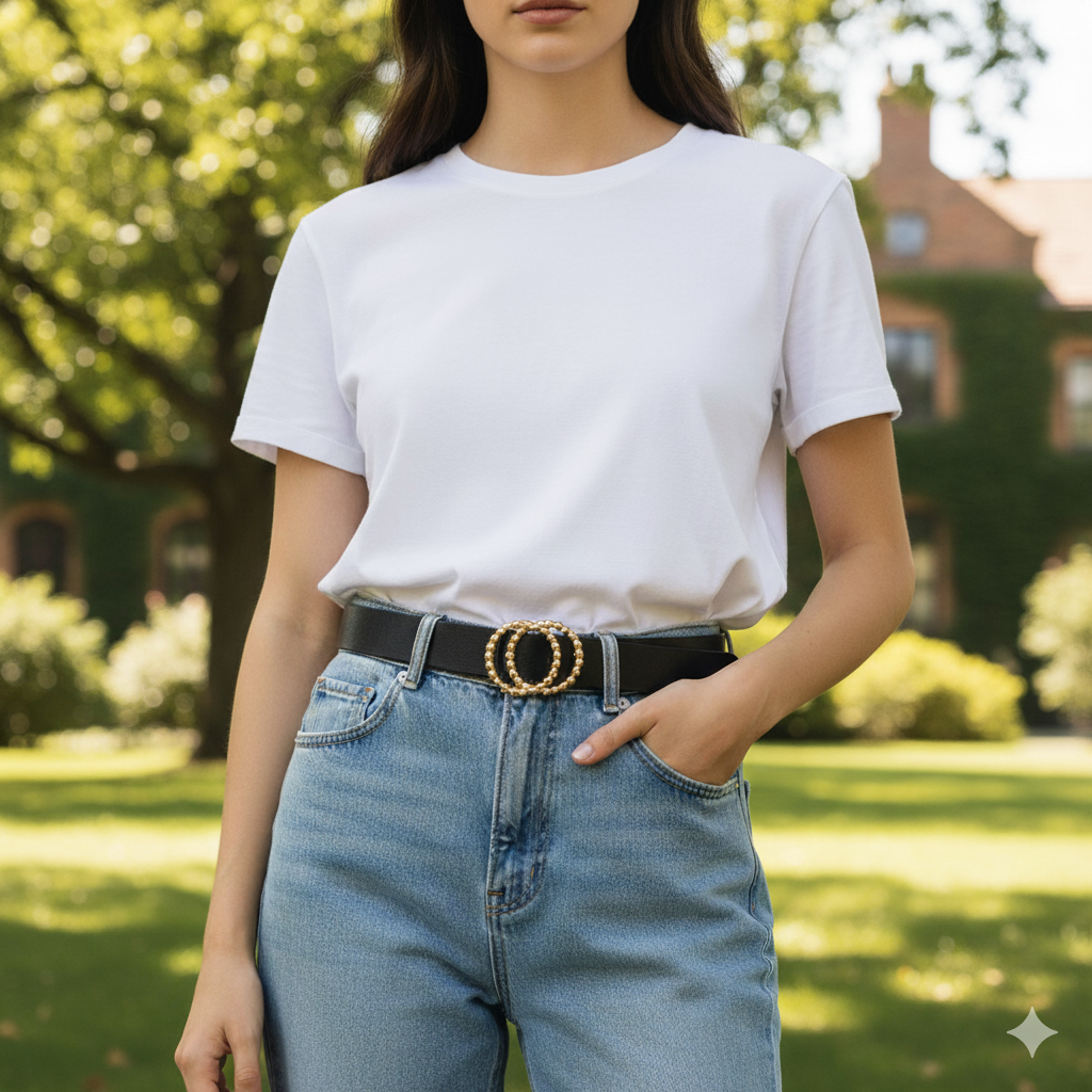 Chérie Noir | Genuine Leather Belt | Gold Plated Ring Buckle