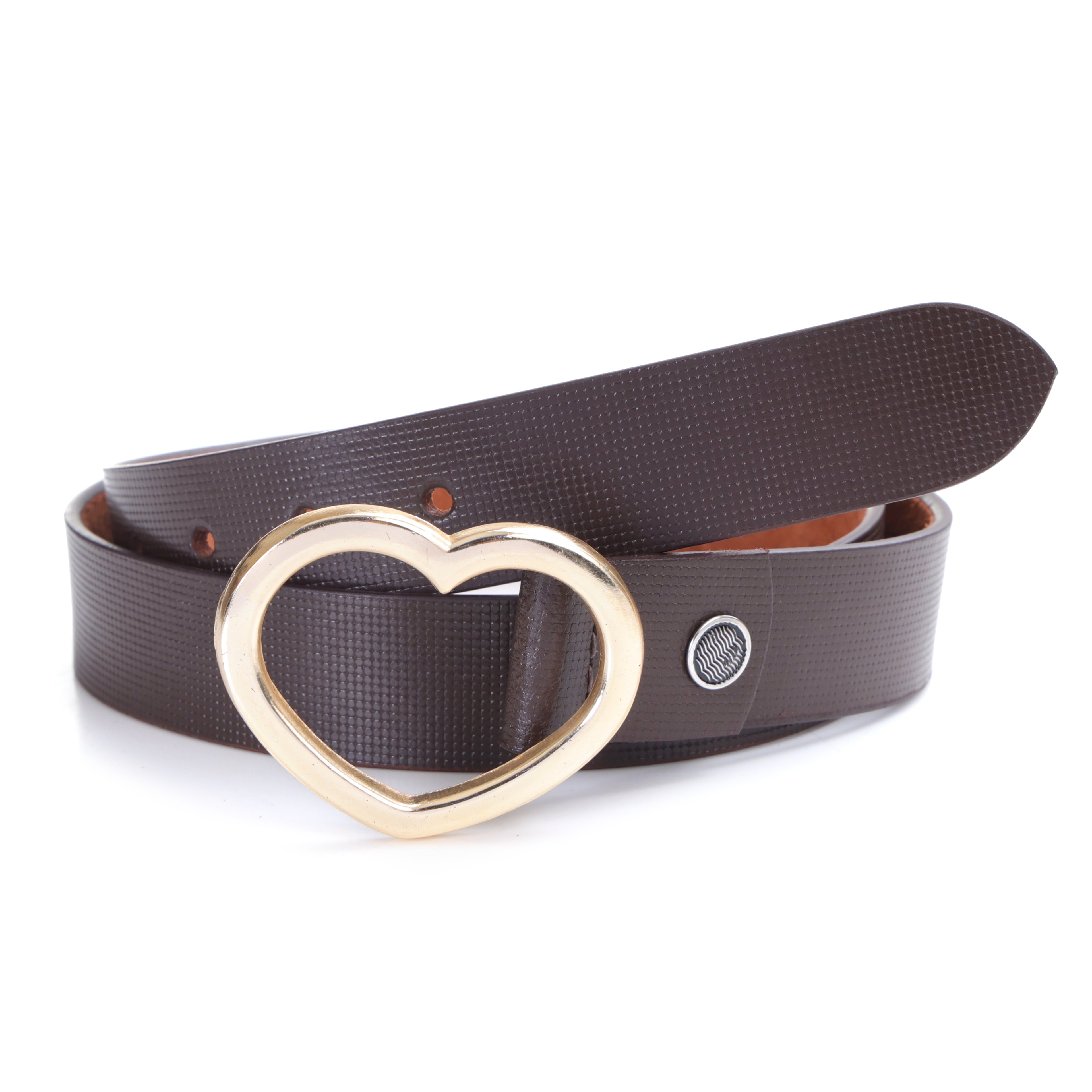Amour Espresso | Gold Heart Buckle Leather Belt