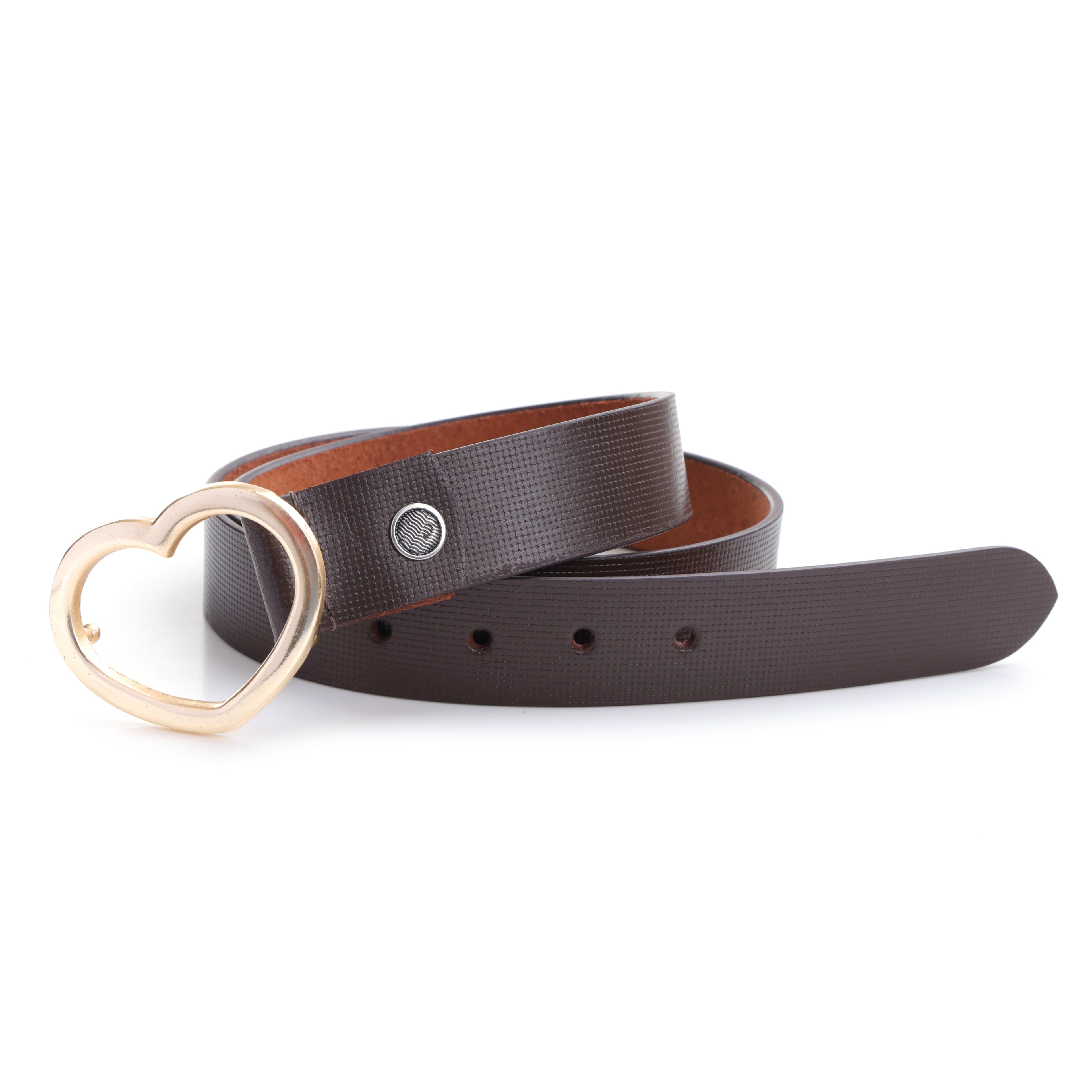 Amour Espresso | Gold Heart Buckle Leather Belt