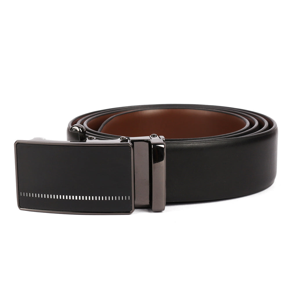 Brown leather belt with a black buckle on a white background