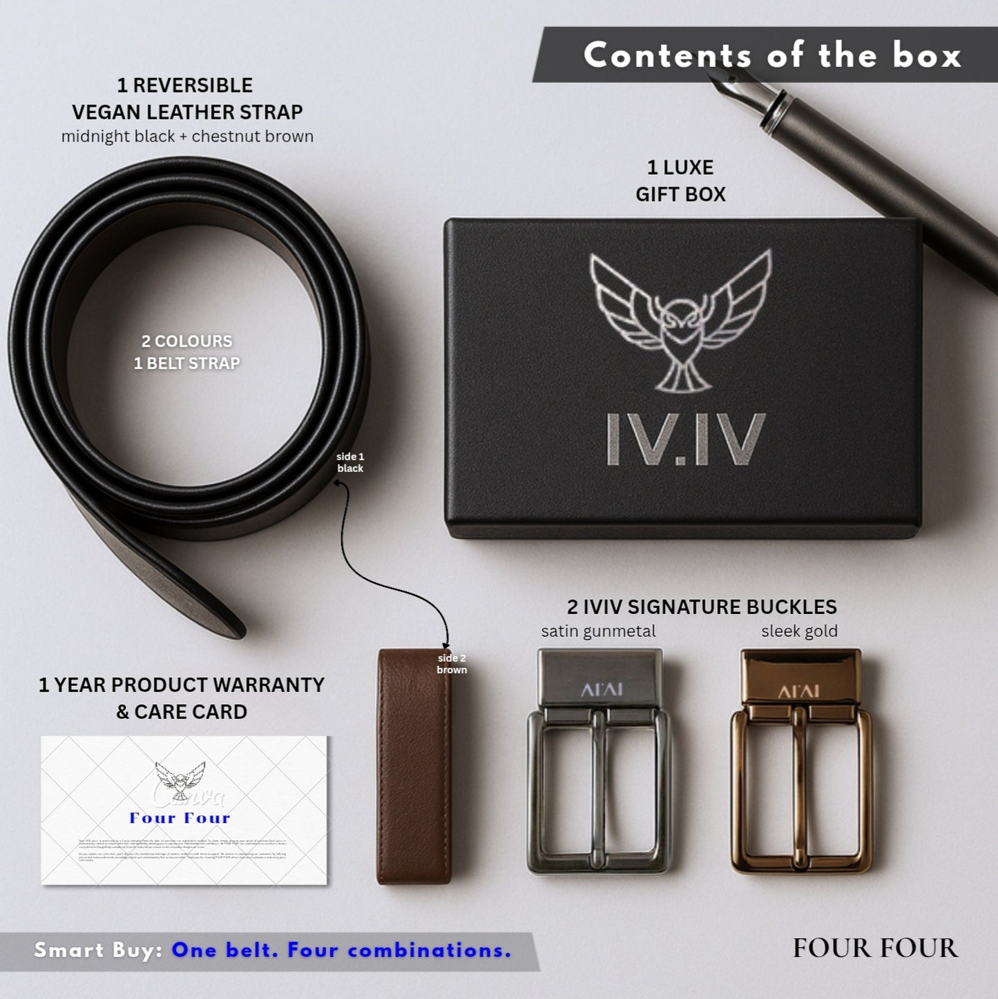 Versa - Quad | Reversible Genuine Leather Strap | Interchangeable Pin Buckles