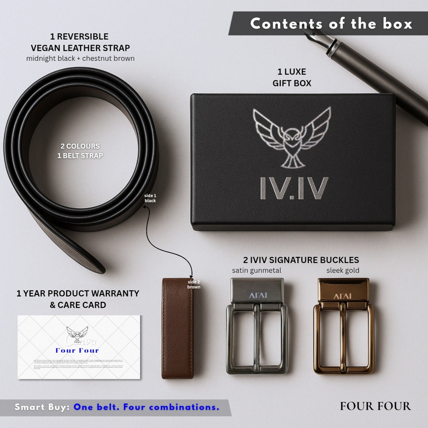 Versa - Quad | Reversible Vegan Leather Strap | Interchangeable Pin Buckles